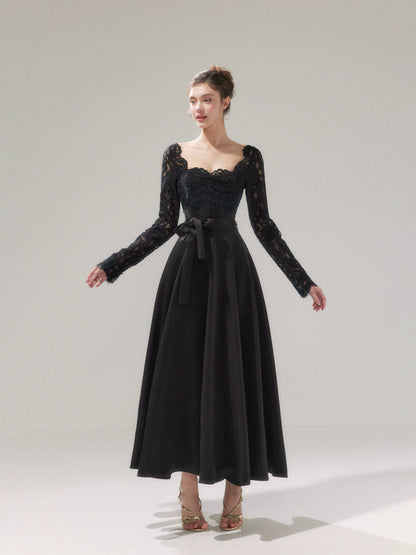 Lace Cinched-Waist Full-Skirt Evening Dress