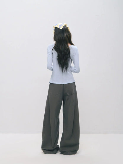 Asymmetric Pleated Curved Wide-Leg Trousers