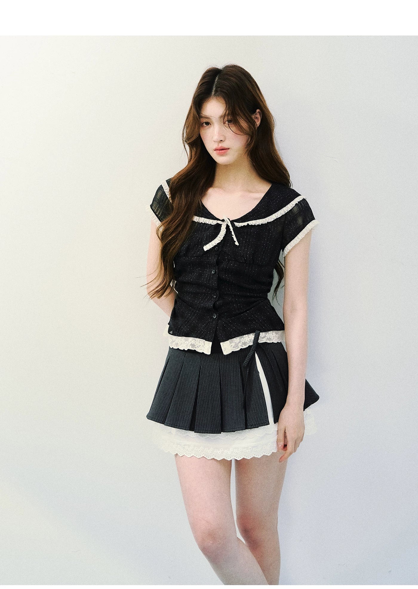 Vintage Sheer Polka Dot Sailor Collar Blouse