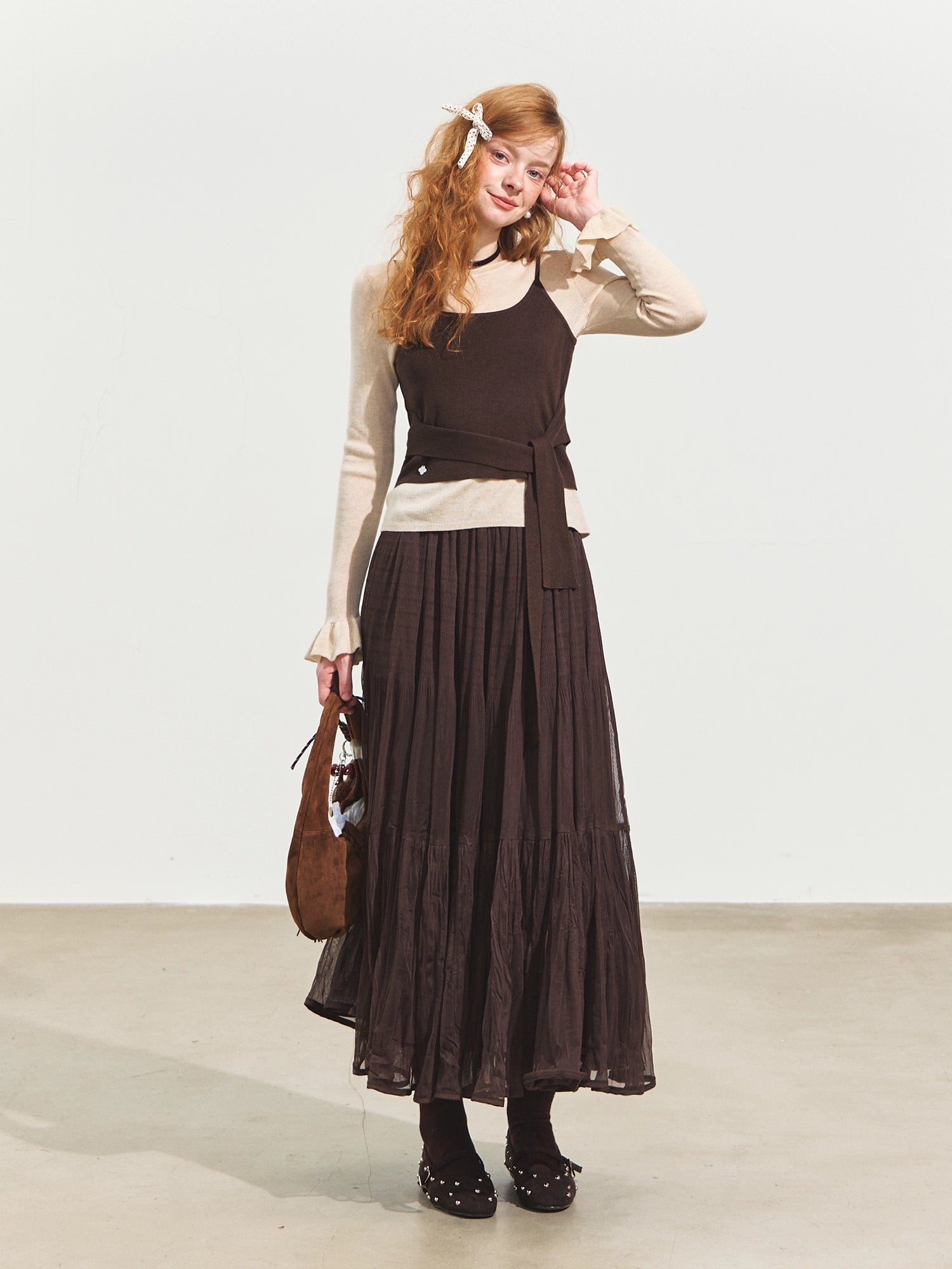 Contrast-Tie Layered Crewneck Knit Sweater