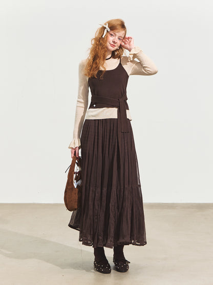 Contrast-Tie Layered Crewneck Knit Sweater