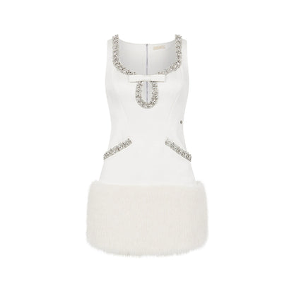 Sable Satin Straight-Cut Faux Fur Dress