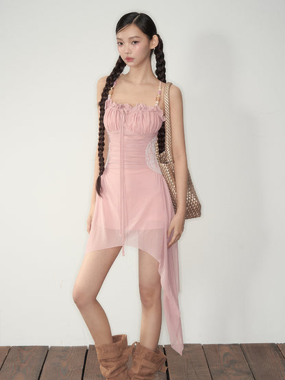 Elastic Mesh Printed Beaded Dress