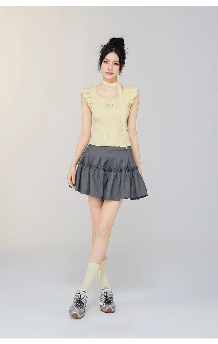 Bubble Sleeve Small Square Neck Knitted Top