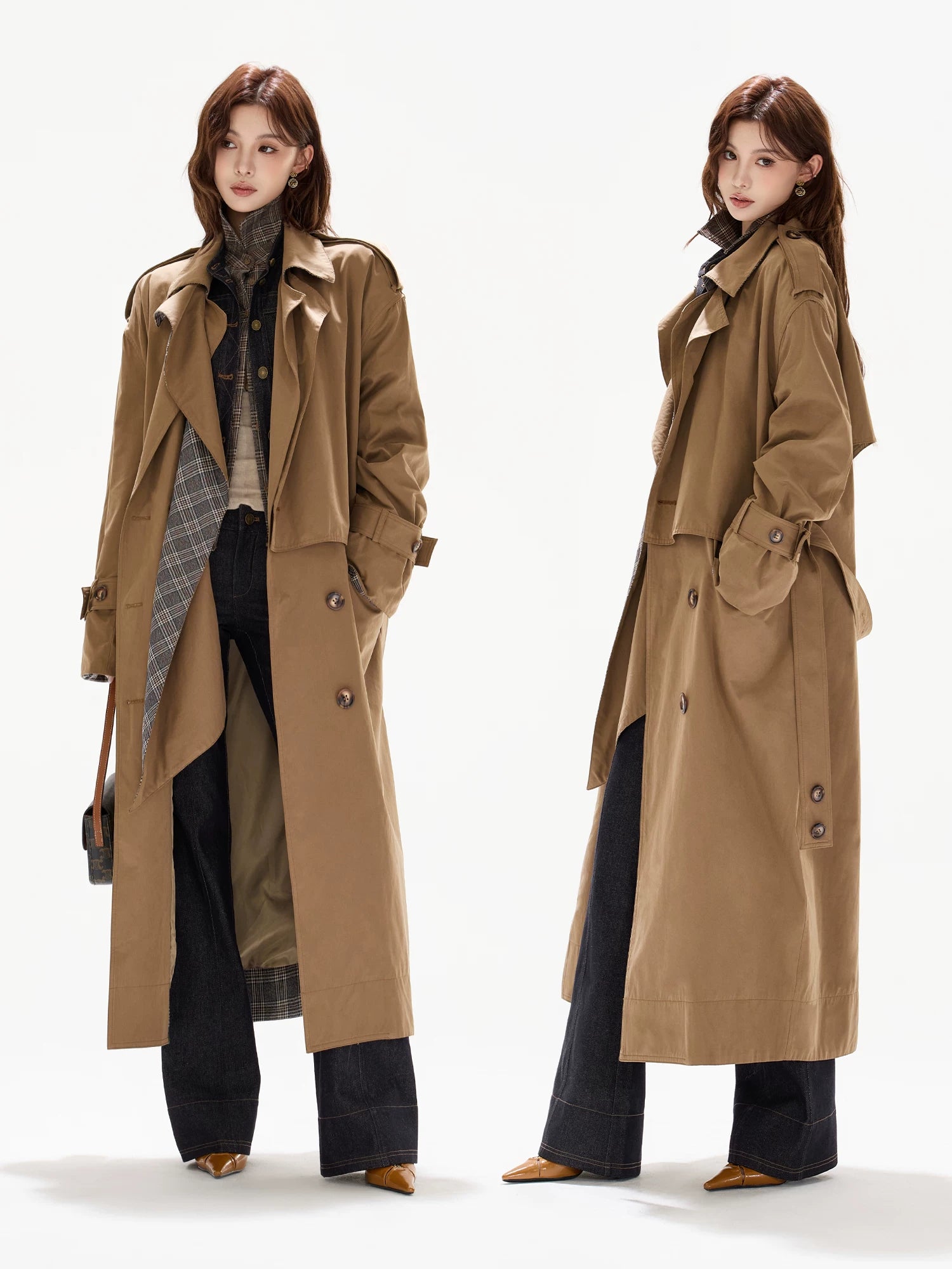 Double-Breasted Check-Panel Trench Coat
