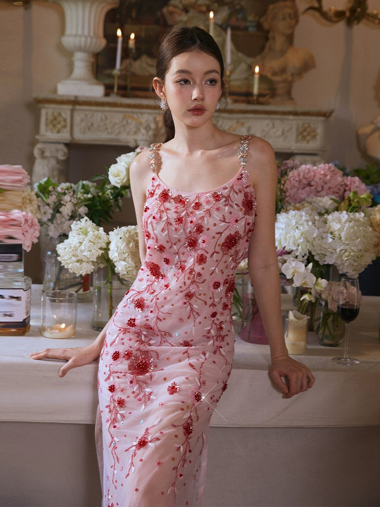 Red Floral Beaded Embroidery Dress