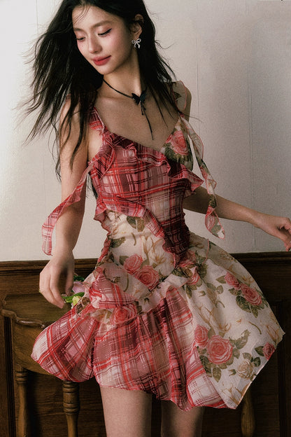 Red Plaid Rose Floral Dress