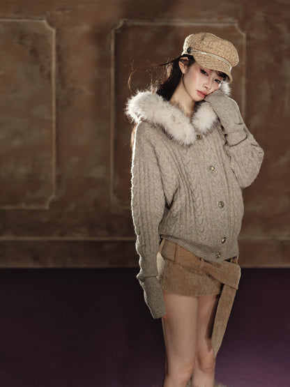 Shimmer Cable-Knit Hooded Cardigan