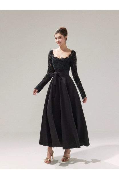 Lace Cinched-Waist Full-Skirt Evening Dress