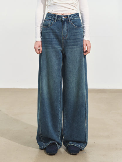 3D Seam Wide-Leg Crescent Denim Pants
