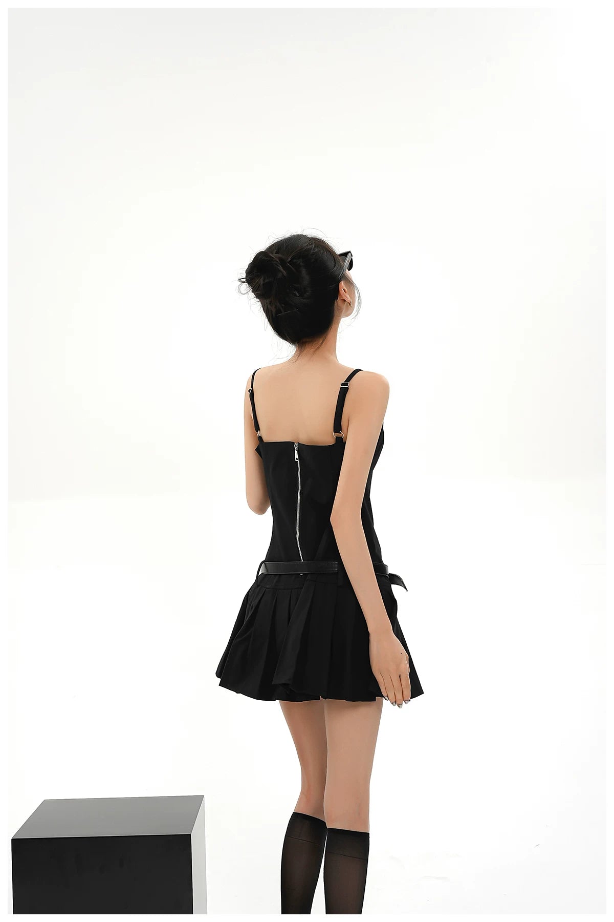 Asymmetric Zip-Back Pleated Camisole Dress