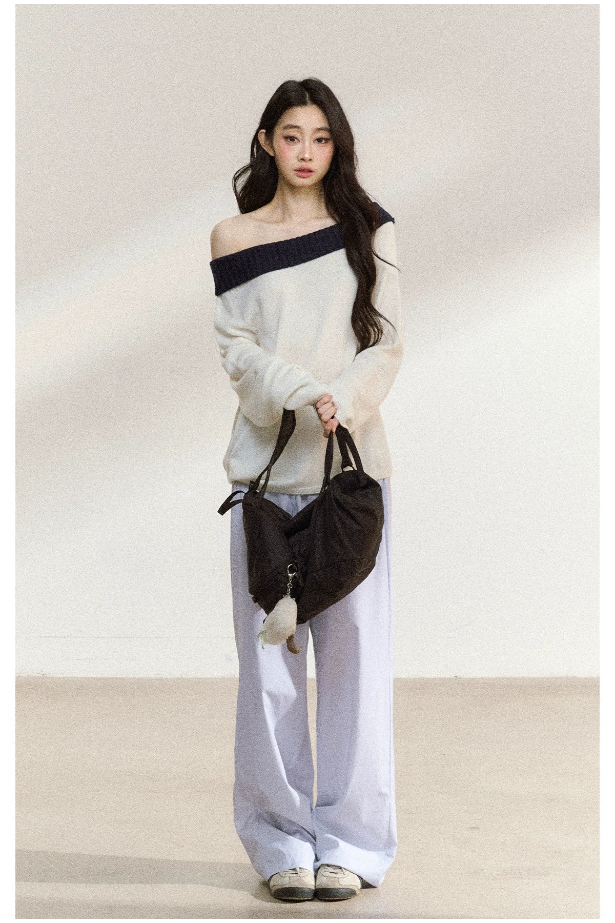 Two-Tone Asymmetric Off-Shoulder Knit Sweater