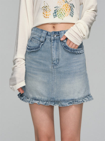 High-Waist Ruffled Denim Mini Skirt