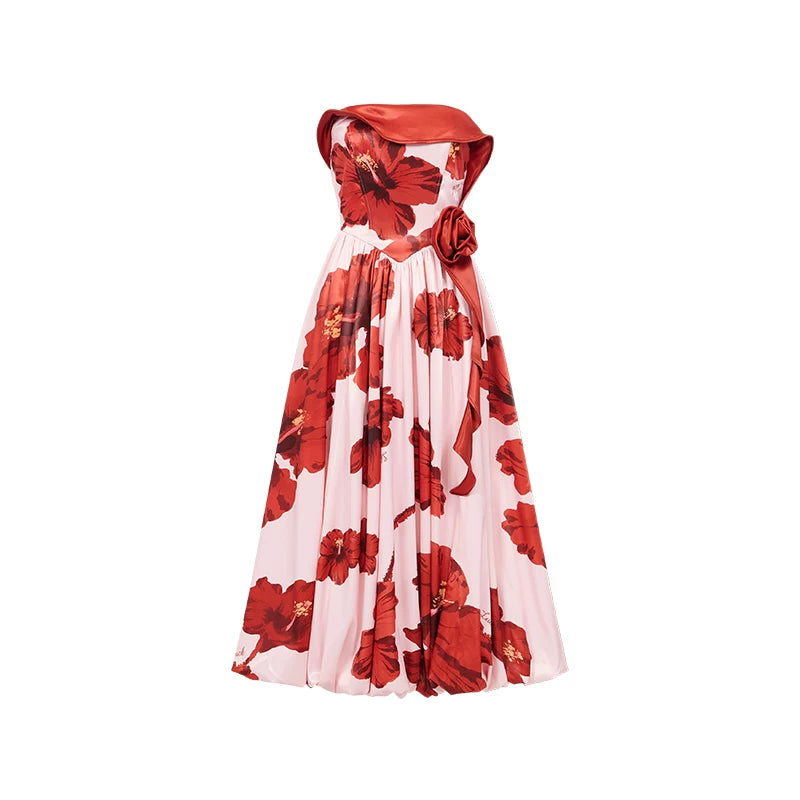 Satin Floral Bubble Hem Strapless Dress