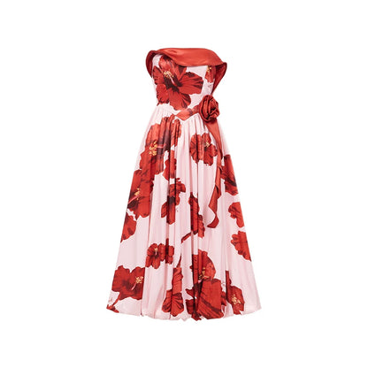 Satin Floral Bubble Hem Strapless Dress