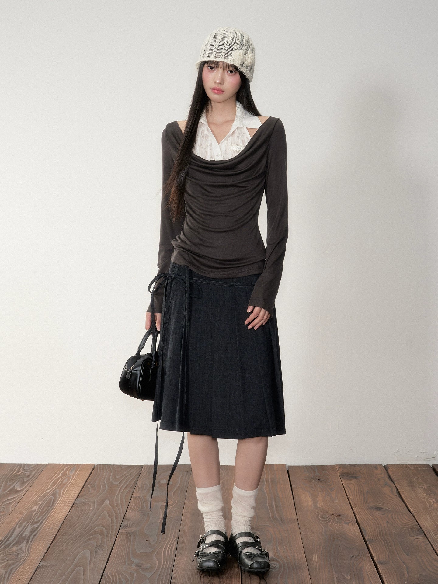 Dark Grey Tie-Waist Pleated Midi Skirt - CHINASQUAD