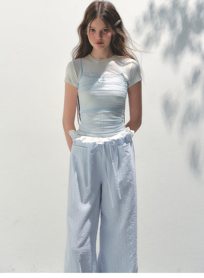 Contrast Color Fake Two-piece Mesh Lace Short-sleeve T-shirt