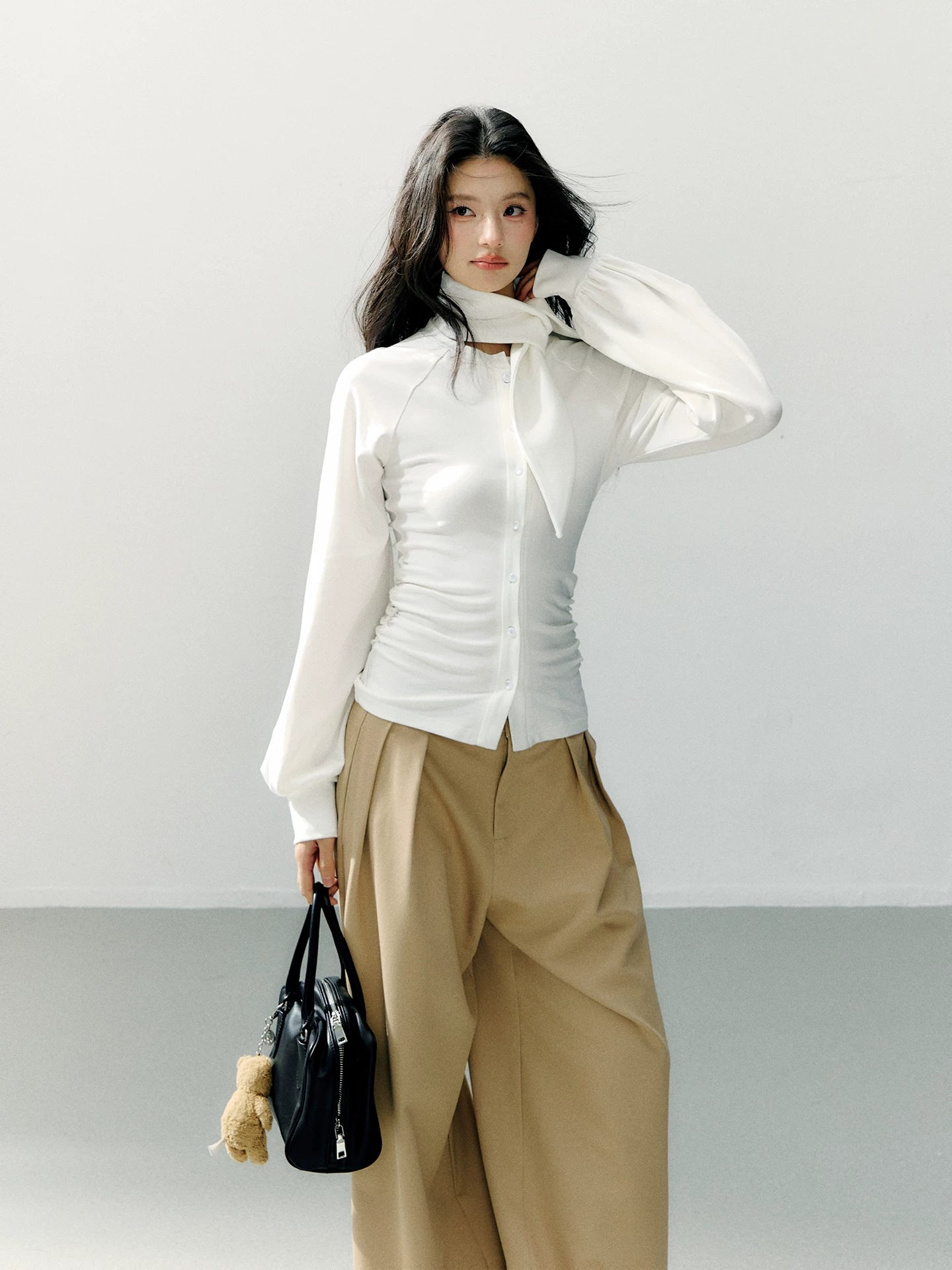 Scarf Collar Fitted Knit Long Sleeve Shirt