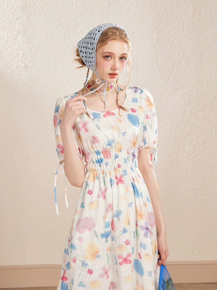 White Floral Puff Sleeve Round Neck Dress