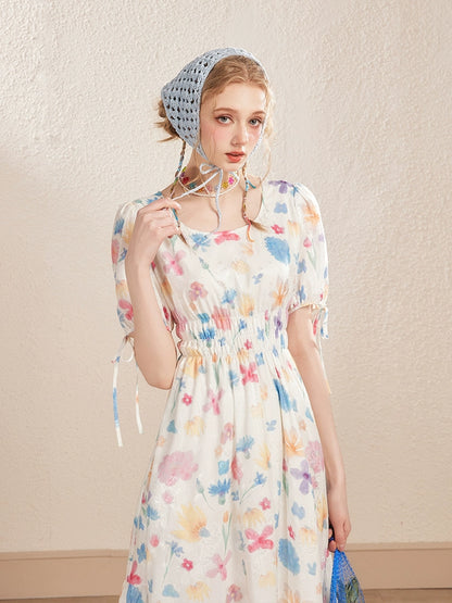 White Floral Puff Sleeve Round Neck Dress