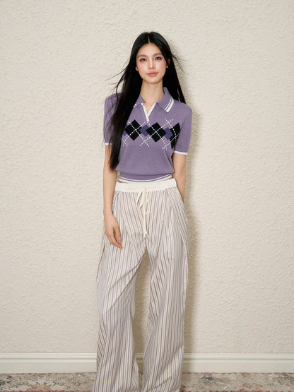 Elastic Waist Striped Pleated Wide-Legged Pants