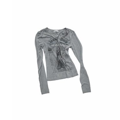 Henley Animal-Print Knitted Long Sleeves T-Shirt