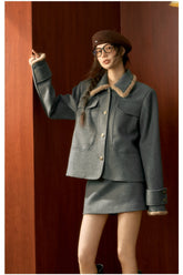 Gray Wool Velvet Jacket & Skirt Set - CHINASQUAD