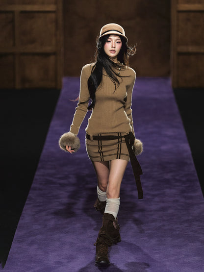 Faux Fur Cuff High-Neck Knit Dress