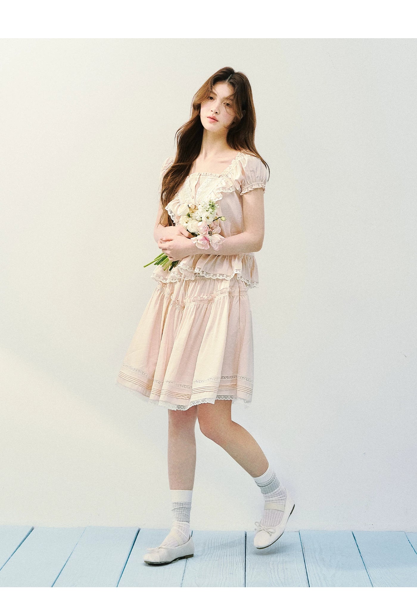 Romantic Ruffle Lace Blouse &amp; Skirt Set