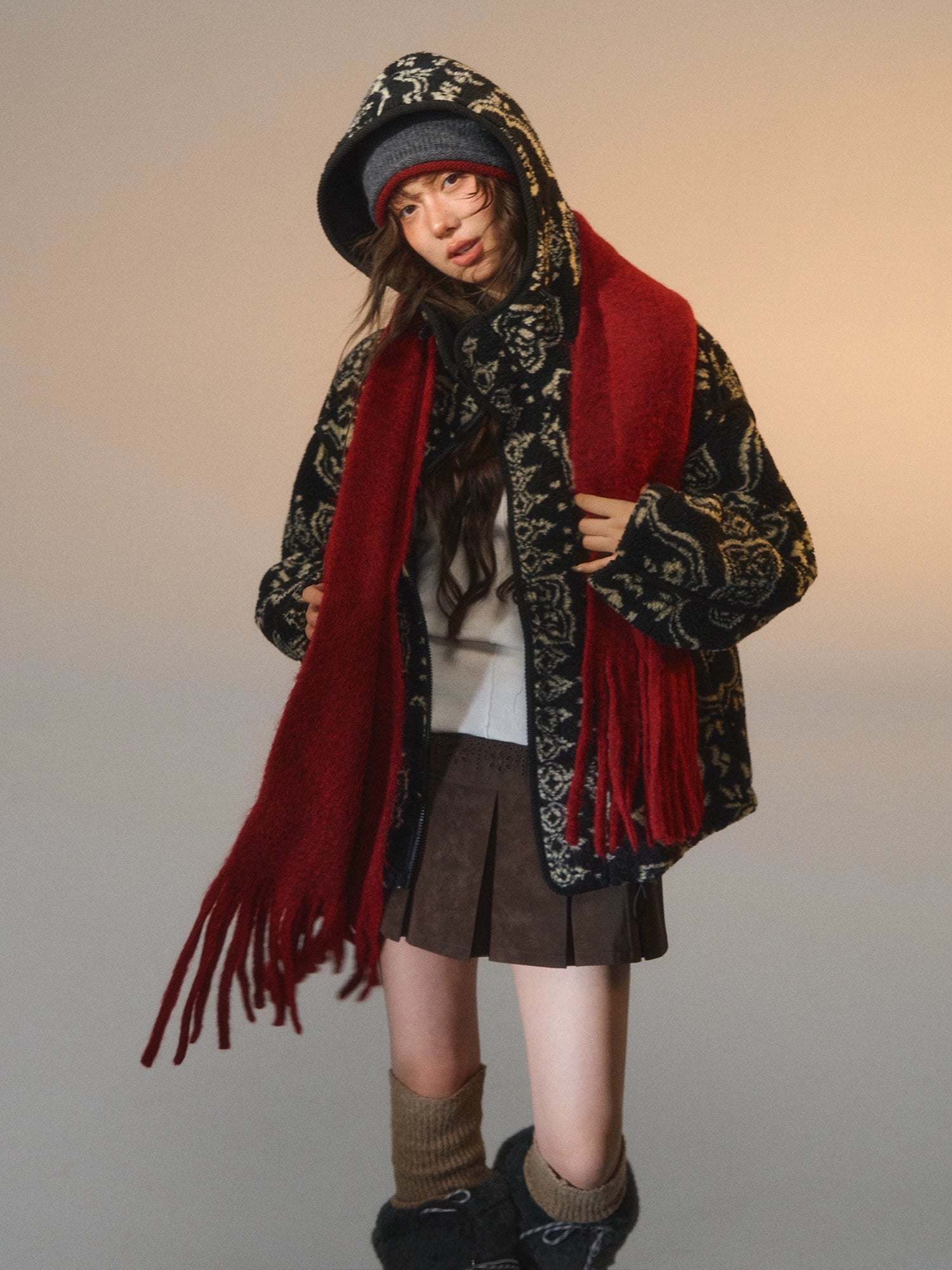 Jacquard Fleece Hooded Casual Jacket