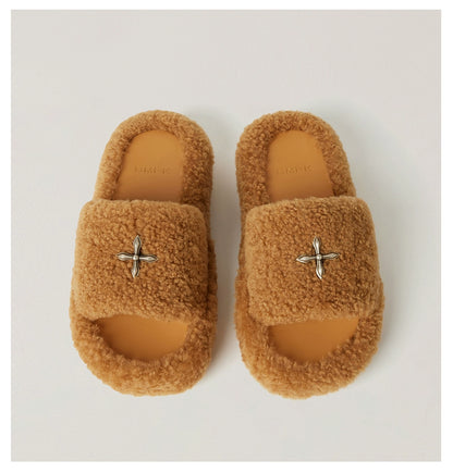 Compass Shearling Slide Sculpted Cross Emblem Sandals