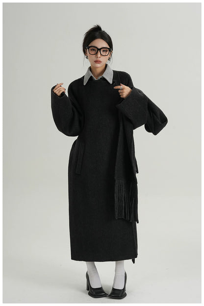 Fringe-Detail Wool Scarf-Style Long Coat