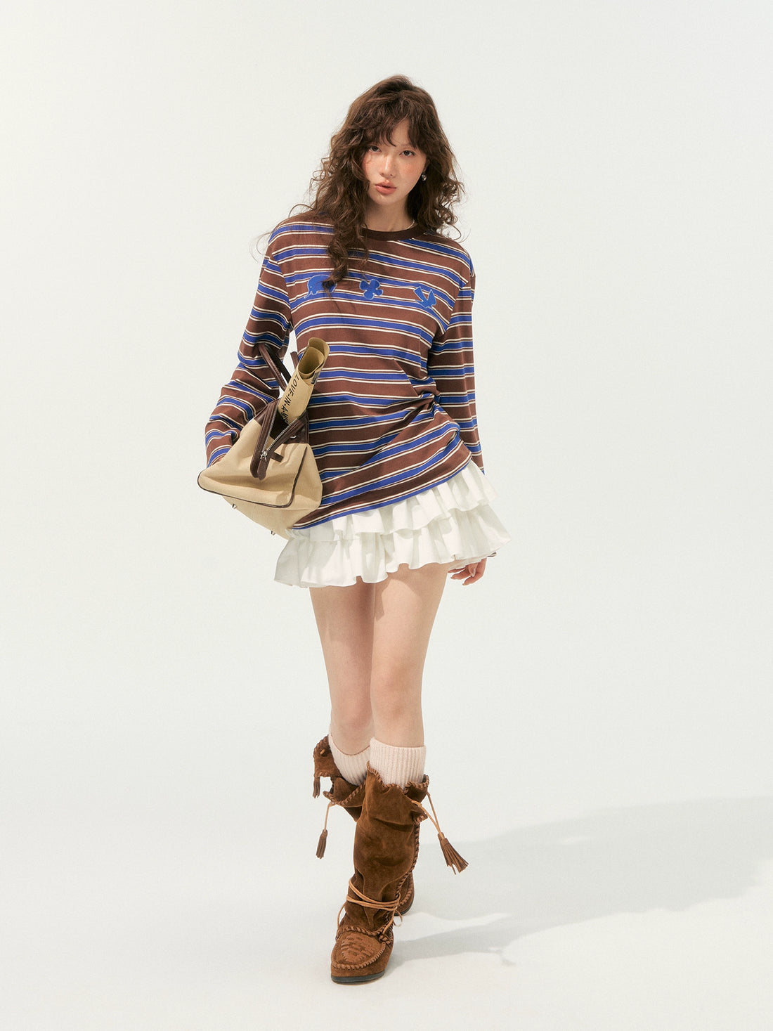Color-Block Applique Embroidered Striped Long-Sleeve T-Shirt - CHINASQUAD