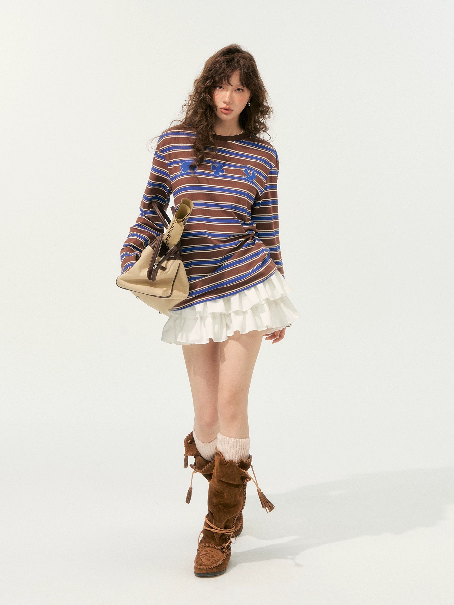 Color-Block Applique Embroidered Striped Long-Sleeve T-Shirt - CHINASQUAD