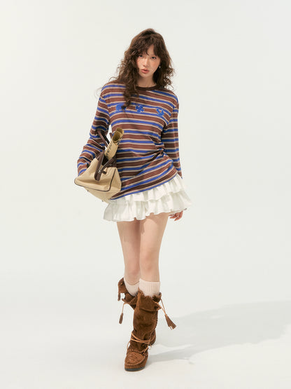 Color-Block Applique Embroidered Striped Long-Sleeve T-Shirt - CHINASQUAD