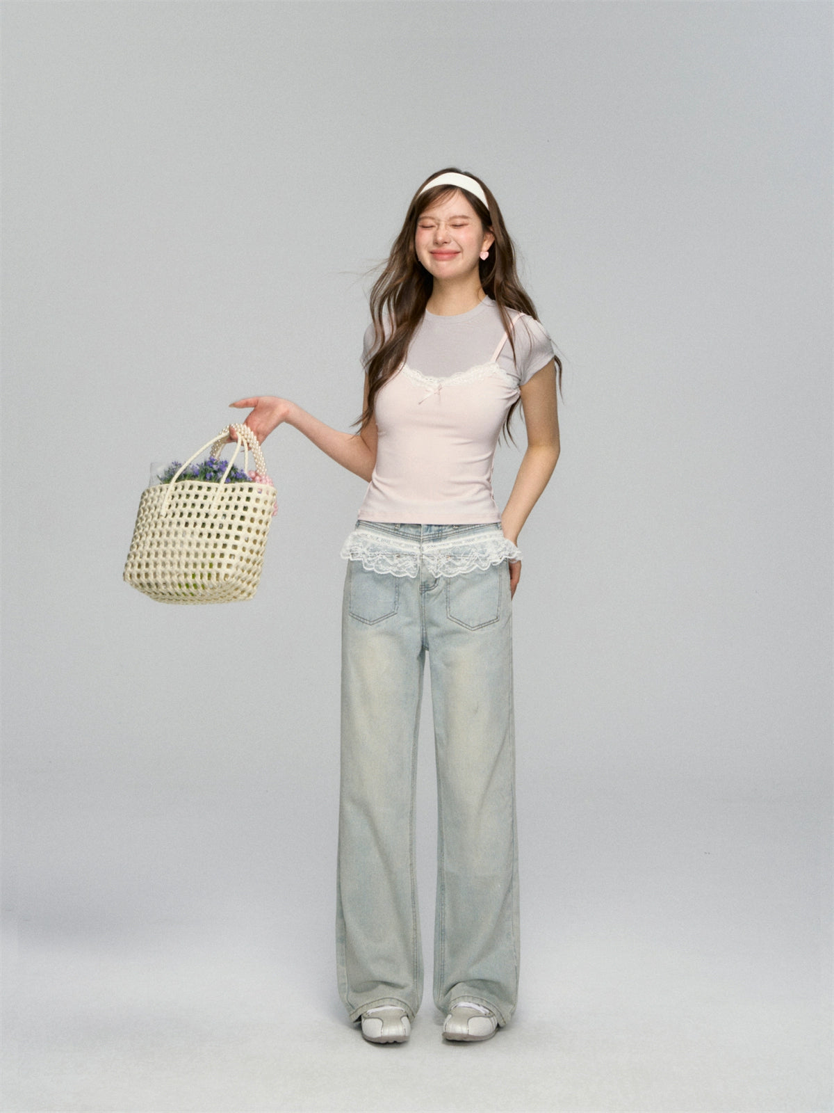 Lace-Trimmed Washed Straight-Leg Jeans Set - CHINASQUAD