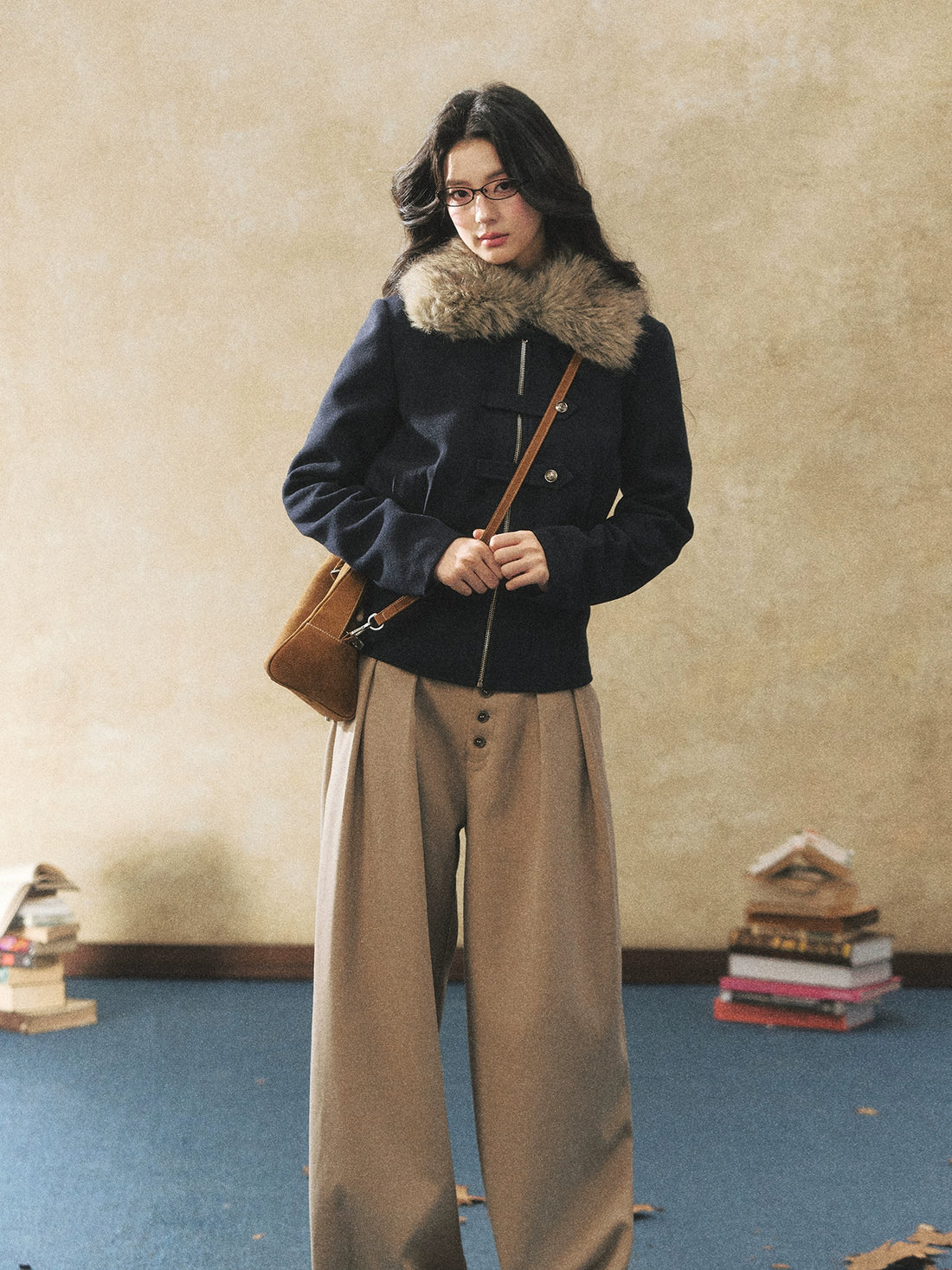 Fur Collar Waist-Defined Wool-Blend Jacket