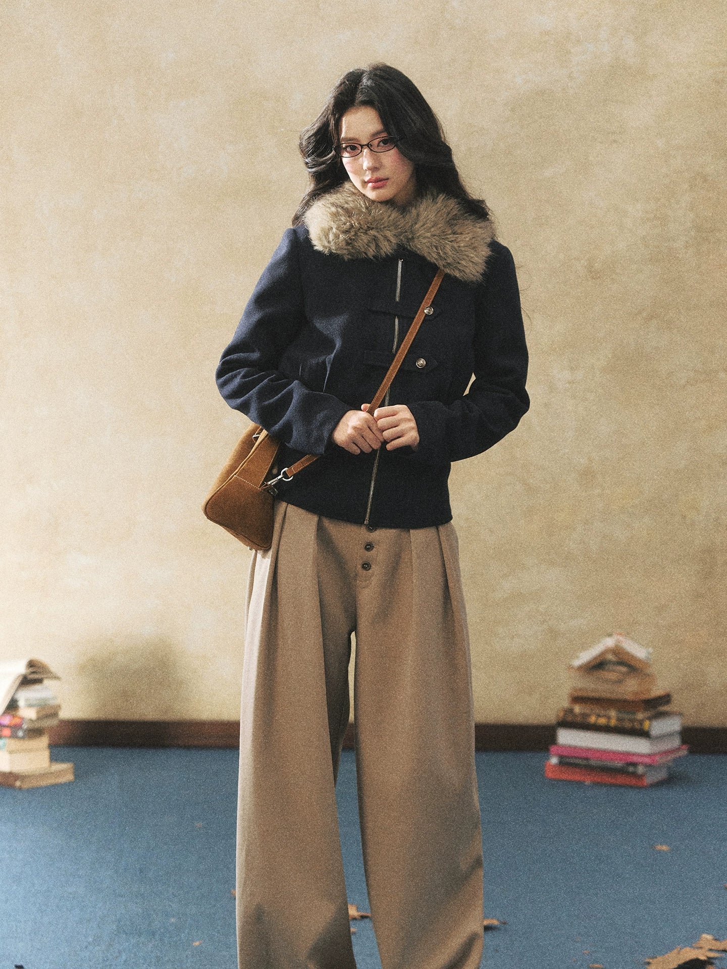 Fur Collar Waist-Defined Wool-Blend Jacket