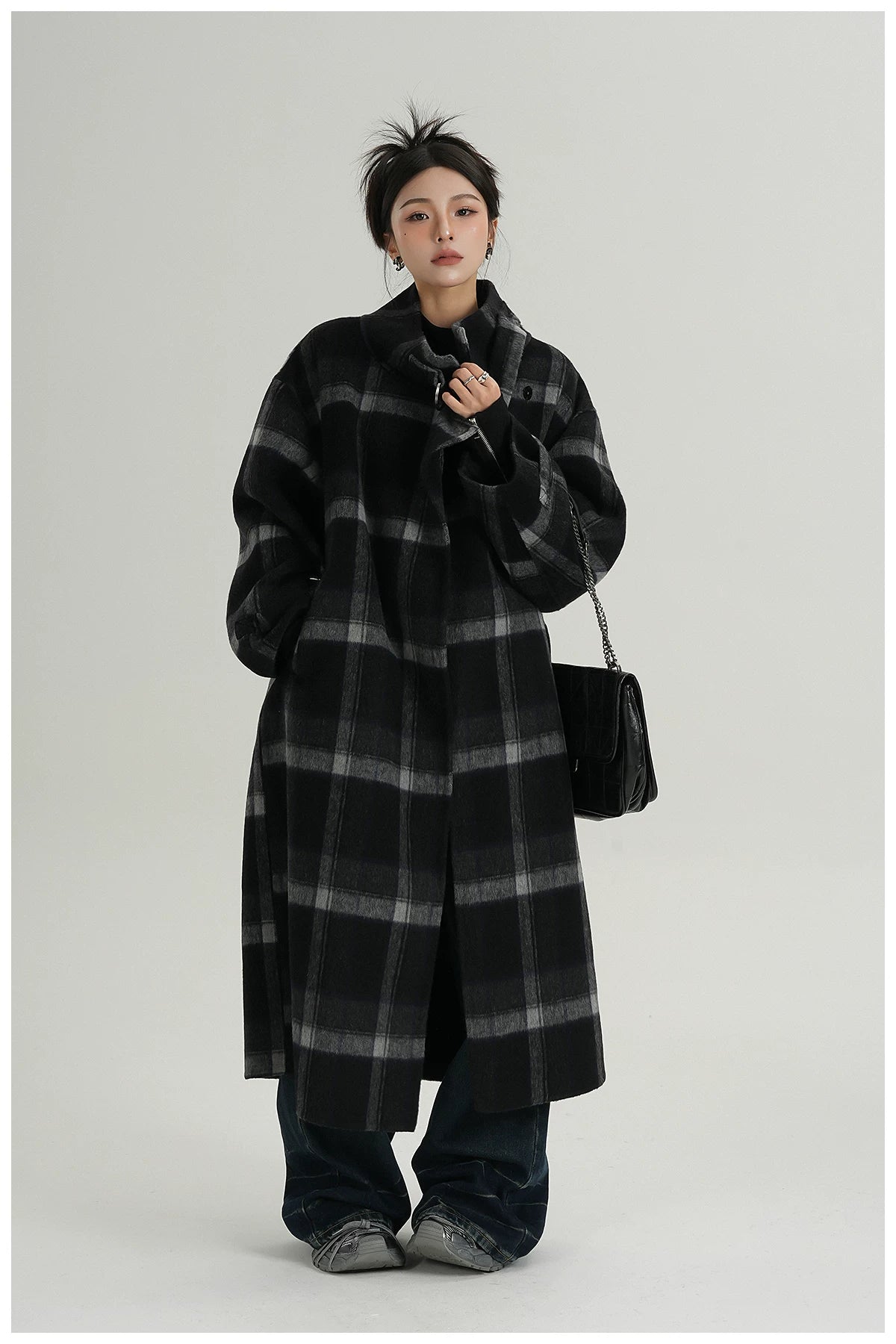 Plaid Stand-Collar Double-Faced Wool Coat