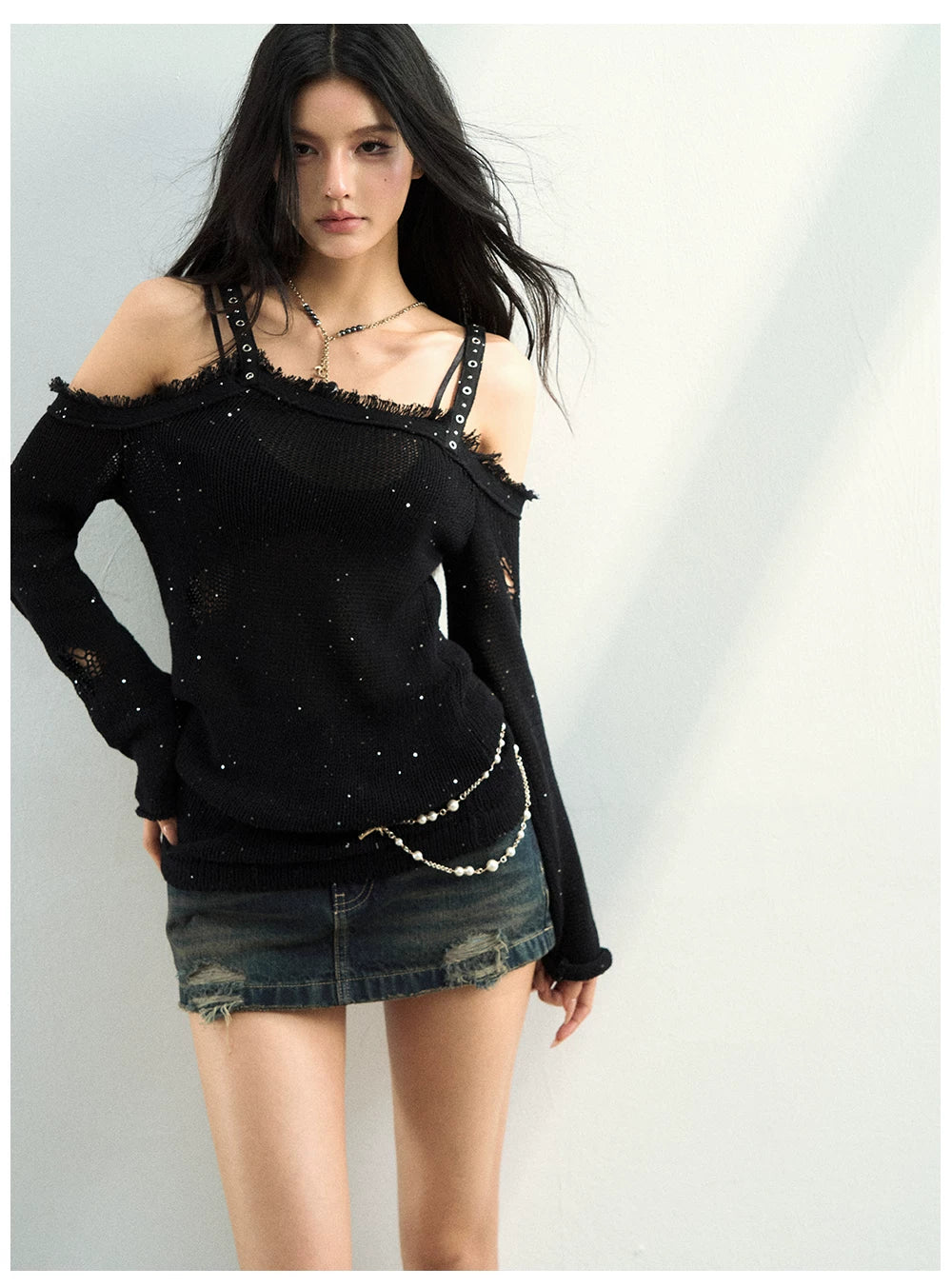 Studded Washed Denim Mini Skirt