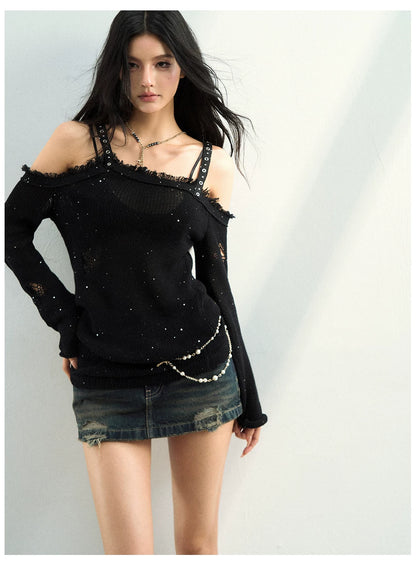 Studded Washed Denim Mini Skirt