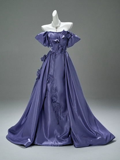 Elegant Purple Satin Floral Couture Gown
