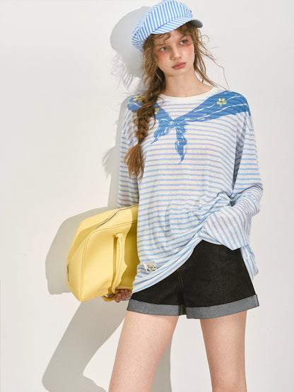 Navy Collar Printed Striped Long-Sleeve T-Shirt - CHINASQUAD