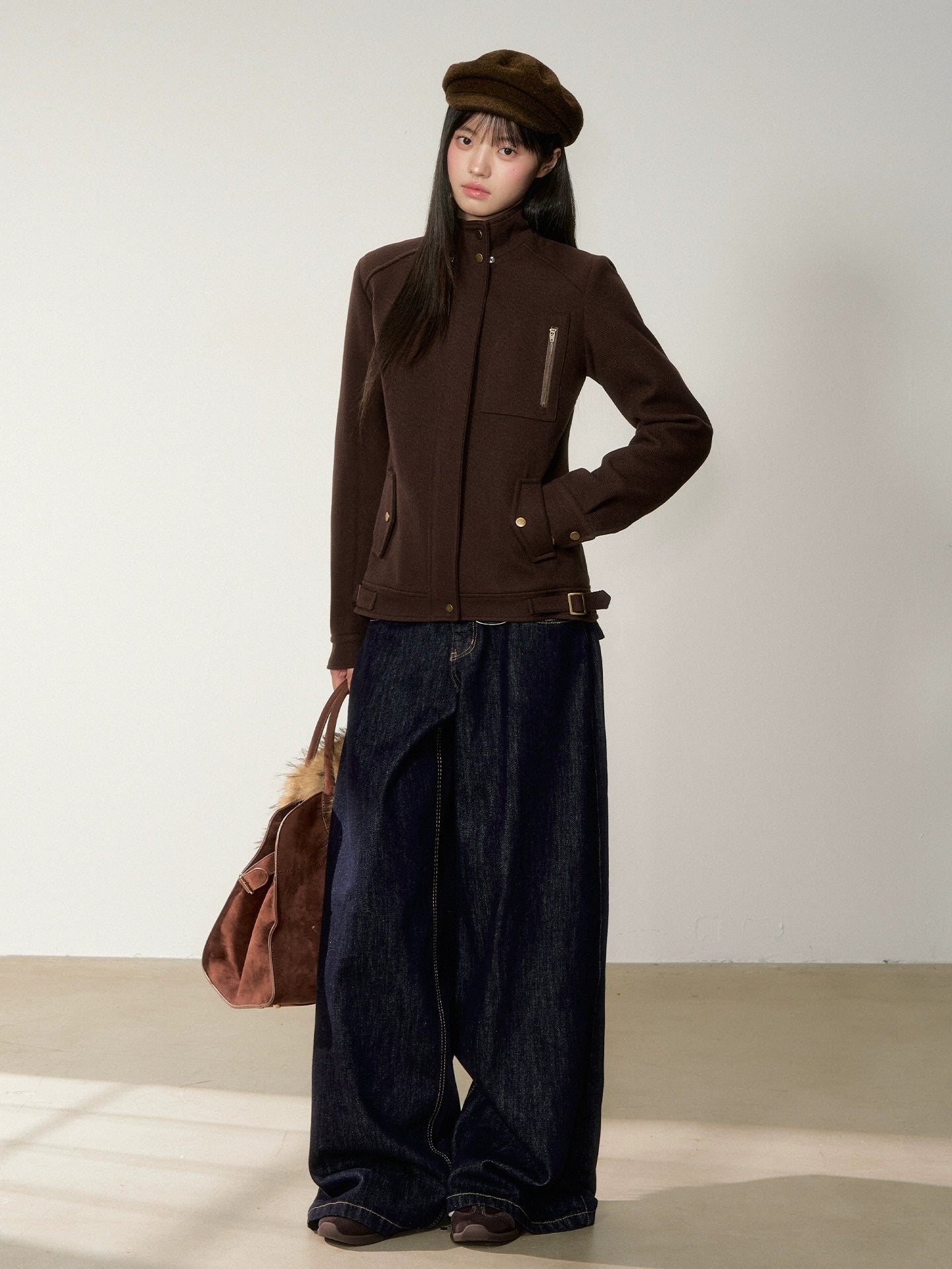 Brown Faux Fur Collar Slim Wool Jacket