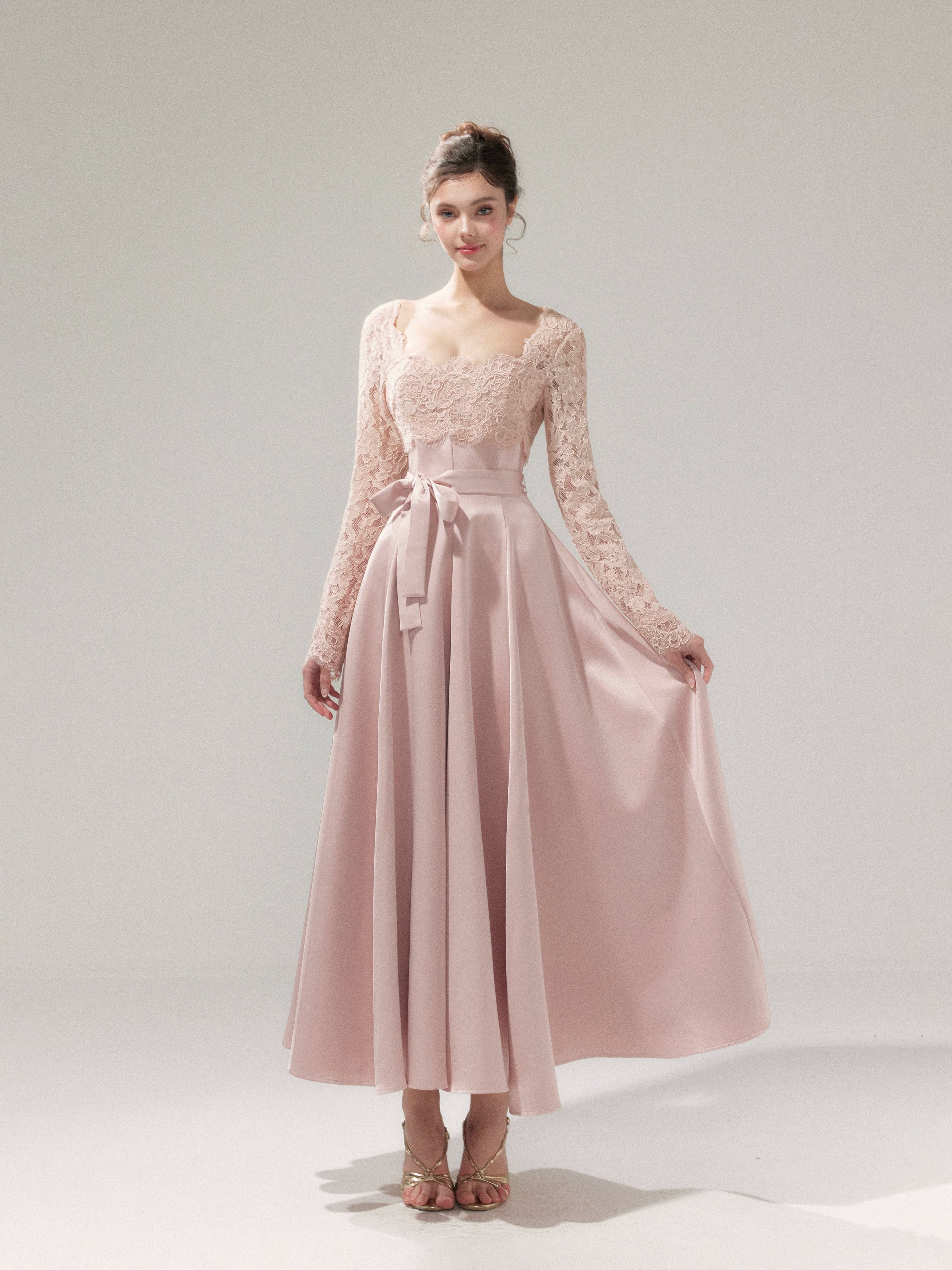 Lace Cinched-Waist Full-Skirt Evening Dress