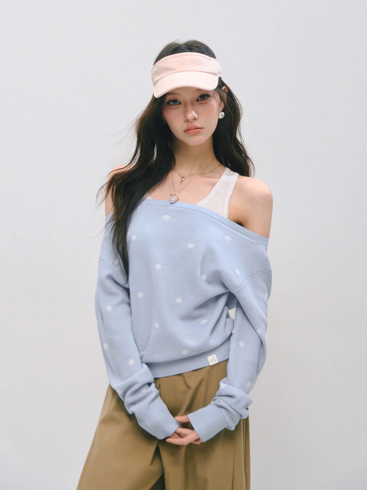 Off-Shoulder Polka Dot Layered Knit Sweater