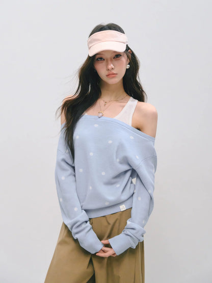 Off-Shoulder Polka Dot Layered Knit Sweater