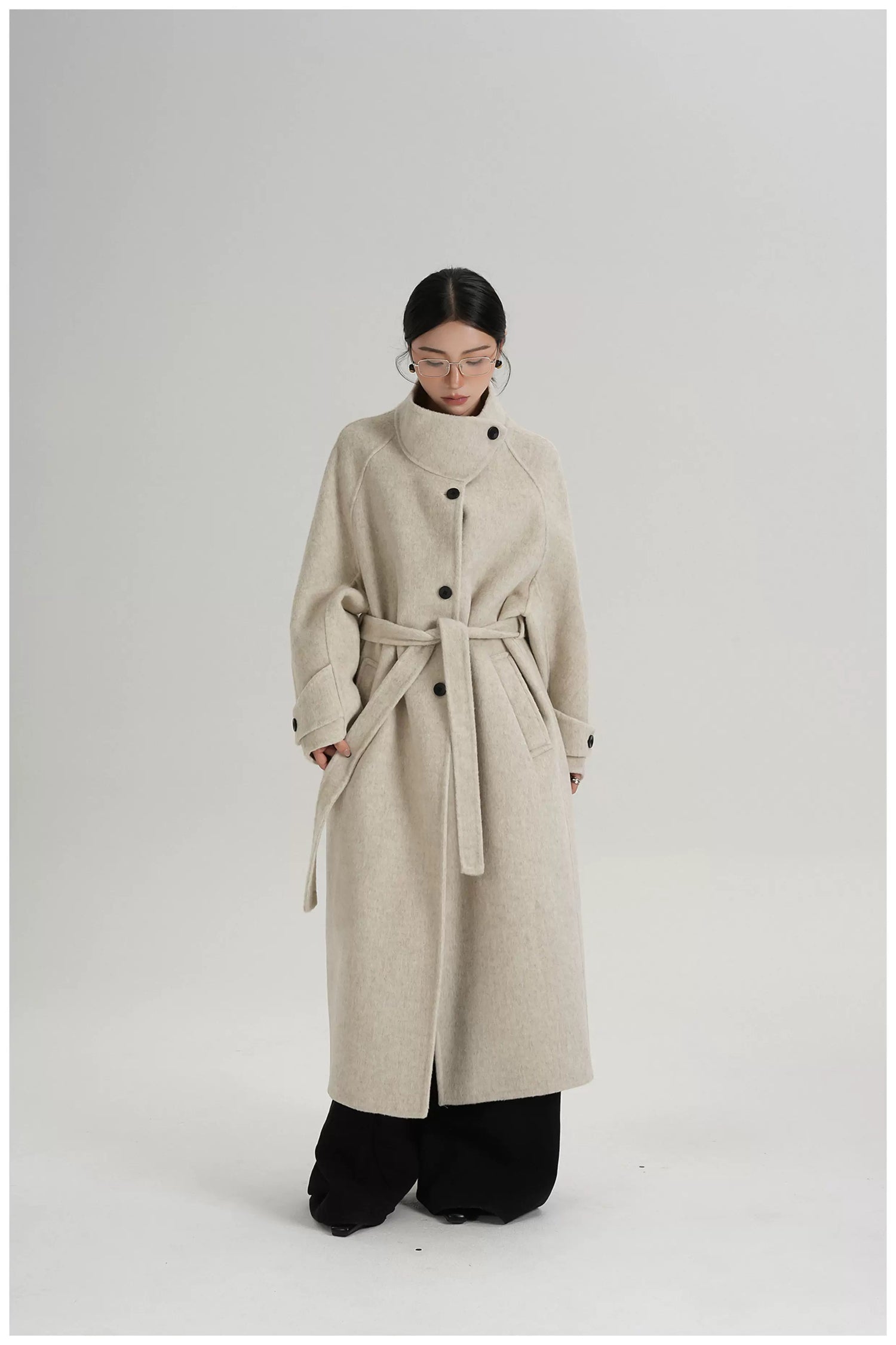 Asymmetric Stand-Collar Double-Faced Wool Coat