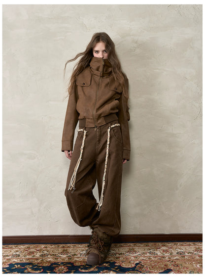 Vintage Contrast Lapel PU Leather Jacket