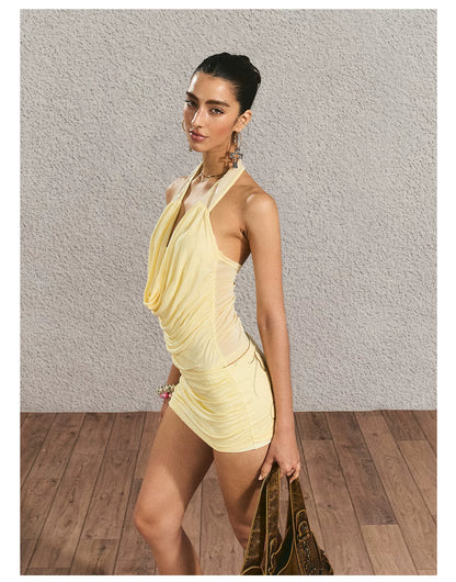 Halter Open-Back Top &amp; Gilded Print Skirt Set